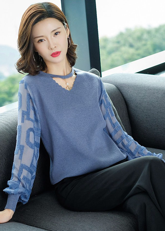 Áo kiểu nữ dài tay, tay áo hoa văn -AL99889