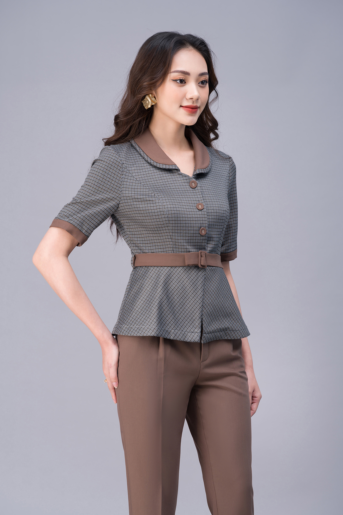 Sét Bộ Nữ Công Sở LUPERI LFSB499 Áo Cộc Tay Phối Đai Kết Hợp Quần Dài