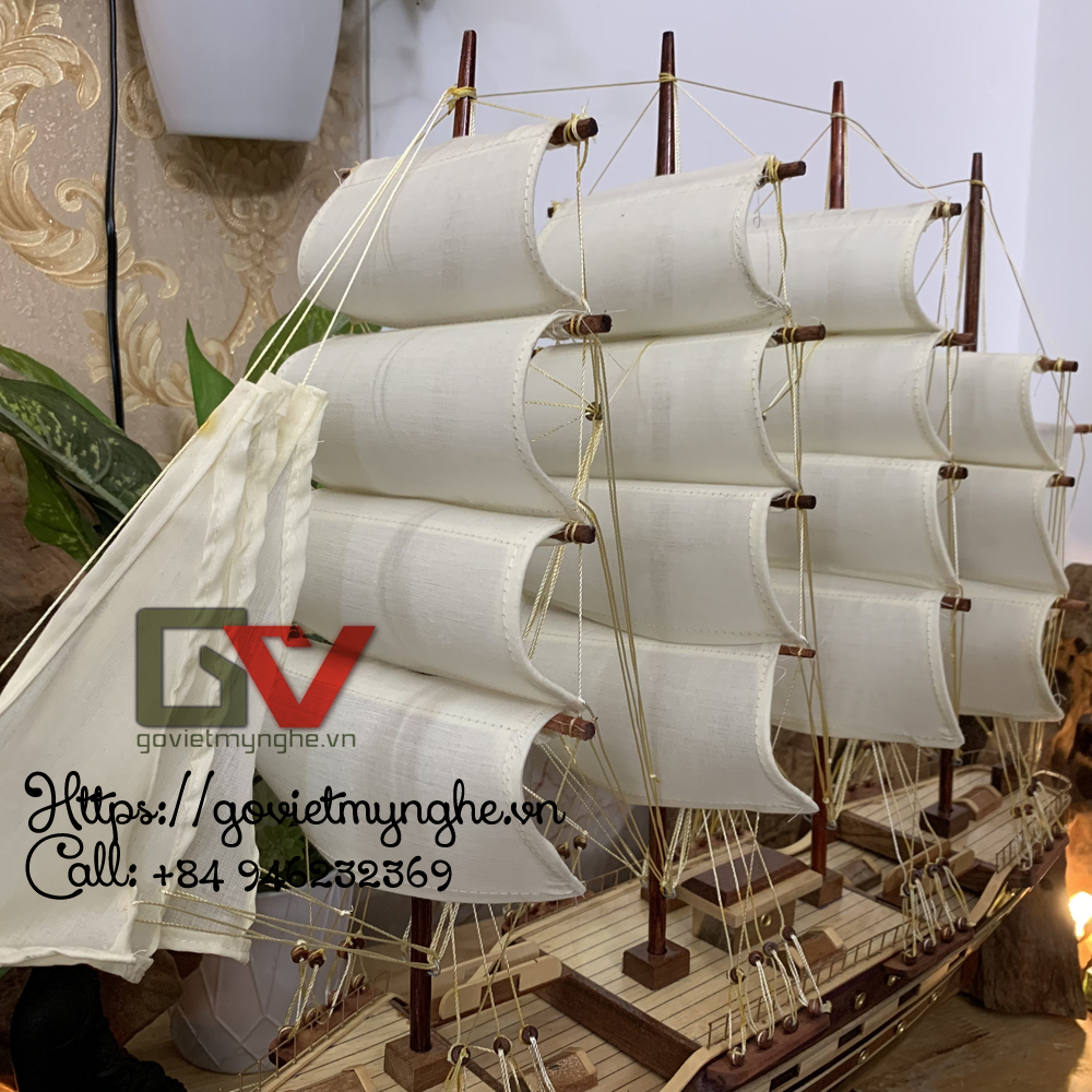 [Dài 77cm] Mô hình thuyền gỗ thuyền trang trí tàu chở hàng France II - Thân tàu dài 60cm - Buồm Trắng Vàng - Gỗ Tràm