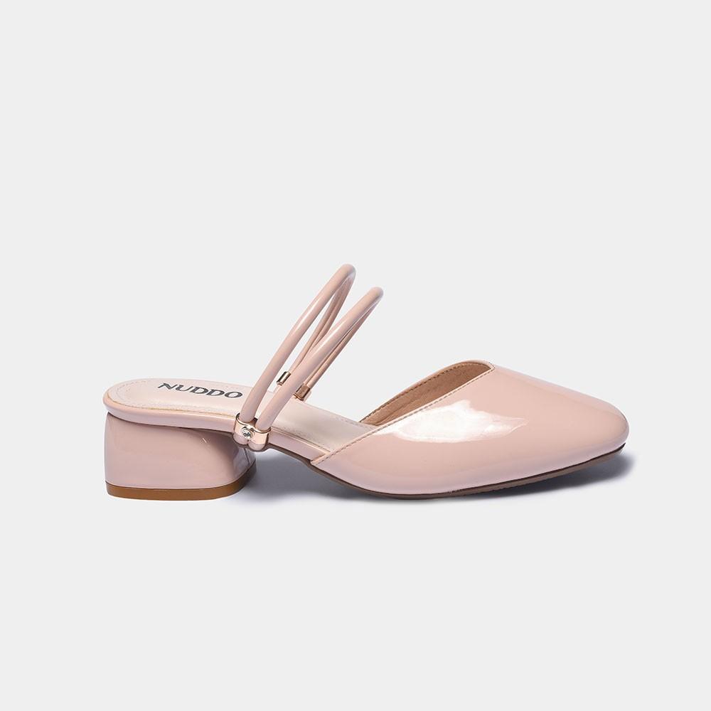 Giày sandal cao gót nữ mũi tròn thời trang NUDDO gót vuông cao 3 phân da bóng phong cách Hàn Quốc