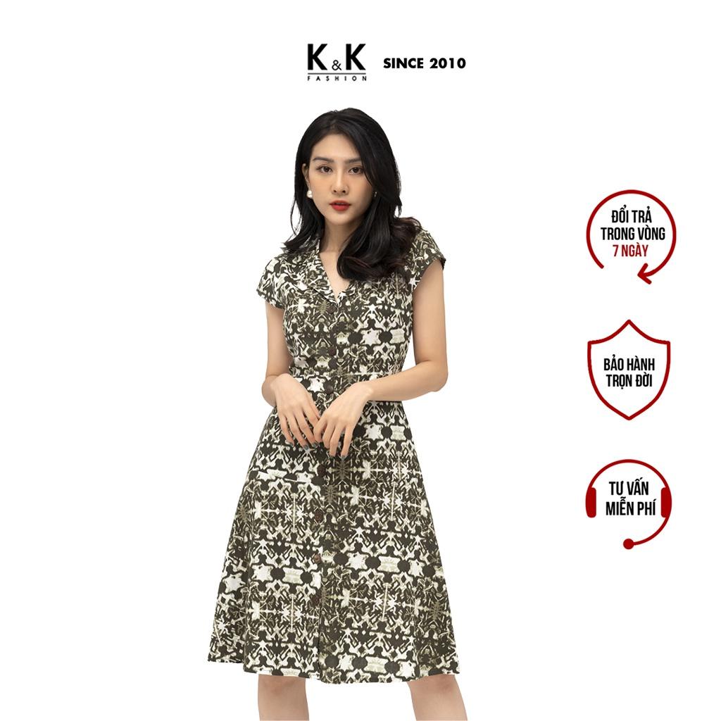 Đầm Xòe Cổ Đan Tông Phối Nút K&amp;K Fashion HL16-38 Màu Xanh Rêu Trắng Chất Liệu Linen