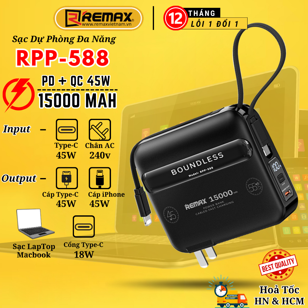 Củ sạc kiêm sạc dự phòng đa năng 15000mah Remax RPP-588 Tích hợp cáp sạc 45W sạc cả máy tính bảng và laptop - Hàng Chính Hãng Remax