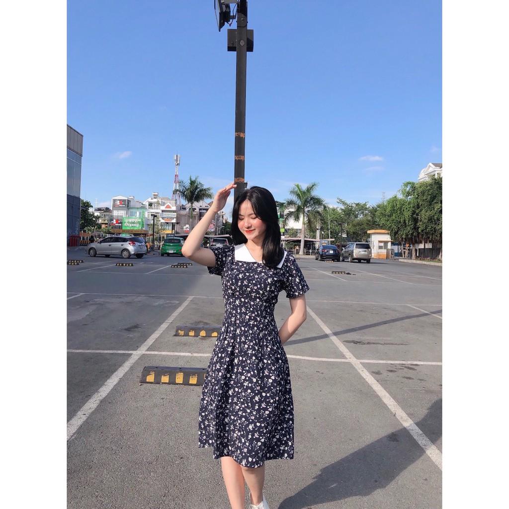 ĐẦM DỰ TIỆC XANH ĐEN HOA NHÍ TRẮNG CỔ TRÒN PHỐI TRẮNG TAY LỠ DÁNG XÒE CÓ DÂY CỘT PHÍA SAU-hình thật
