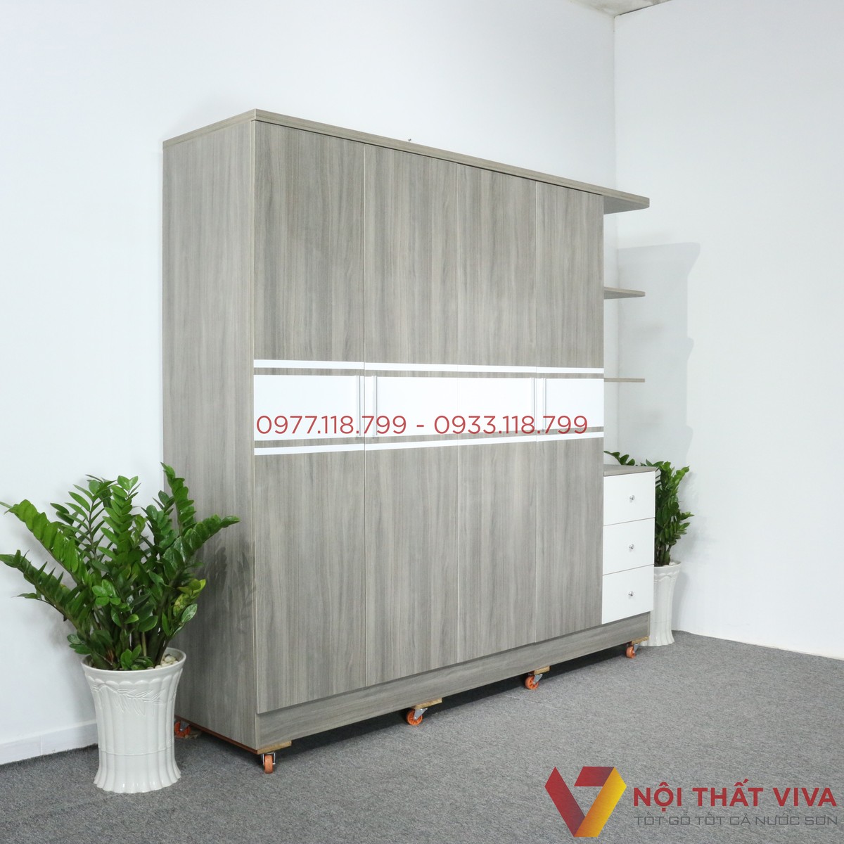 Tủ Quần Áo 4 Cánh Có Kệ Trang Trí Gỗ MDF Phủ Melamine Màu Sọc Xám Đẹp