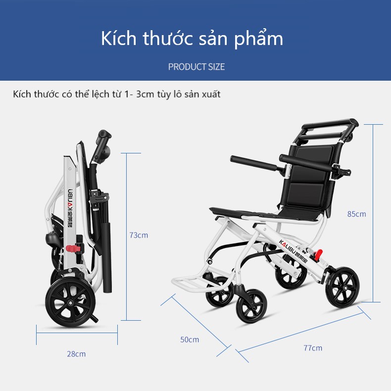 Xe lăn gấp gọn Kalibu chỗ ngồi lớn , siêu nhẹ 7.2 kg, tải trọng 120kg _Xe lăn xếp gọn du lịch