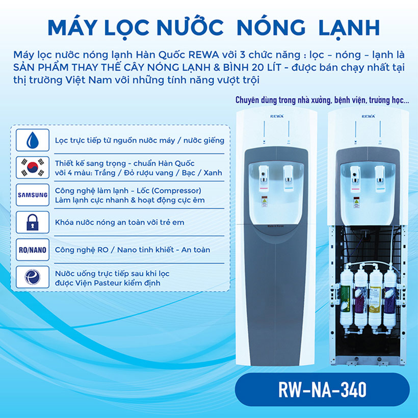 Máy Lọc Nước Nóng Lạnh Công nghệ NANO/VF Hàn Quốc REWA - RW-NA-340- Hàng chính hãng