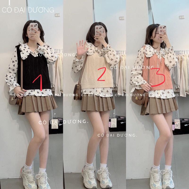 Set áo gile trơn kèm sm hoa nhí cổ nơ