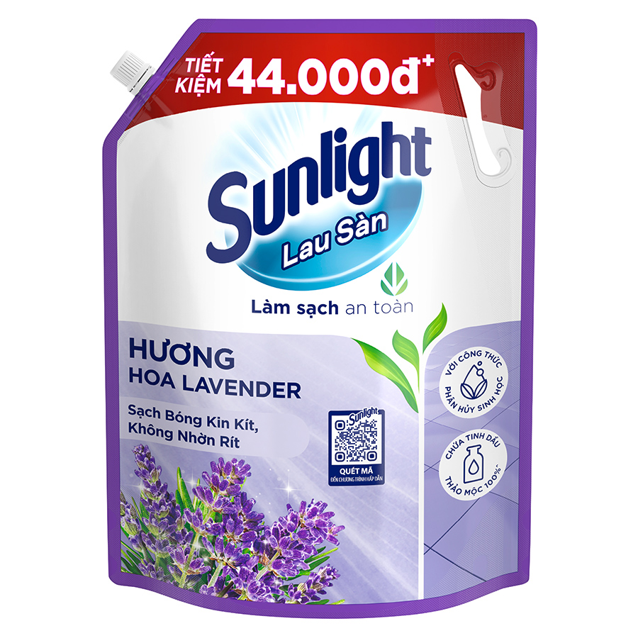 Nước lau sàn Sunlight Hoa Lavender Túi 3.6kg | Tinh dầu Thảo mộc 100% | Hương thơm tinh tế