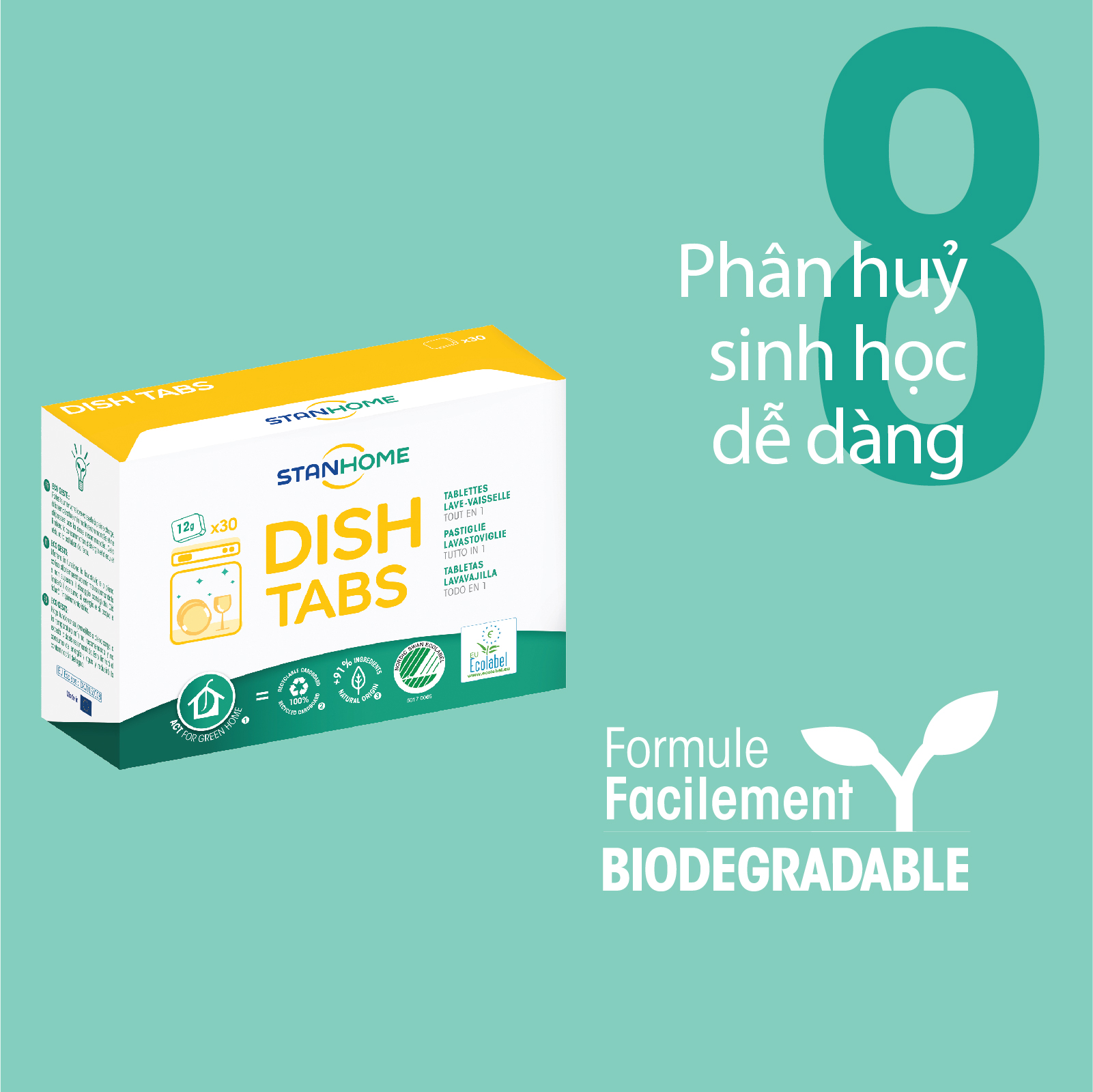 Viên rửa bát cho máy Stanhome Dish Tabs All in one tiêu chuẩn Ecolabel Châu Âu và Ecolabel Bắc Âu - Hộp 30 viên – 12g/viên