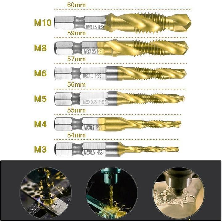 Bộ 6 mũi khoan taro ren HSS 6542 M3-M10 phủ Titanium