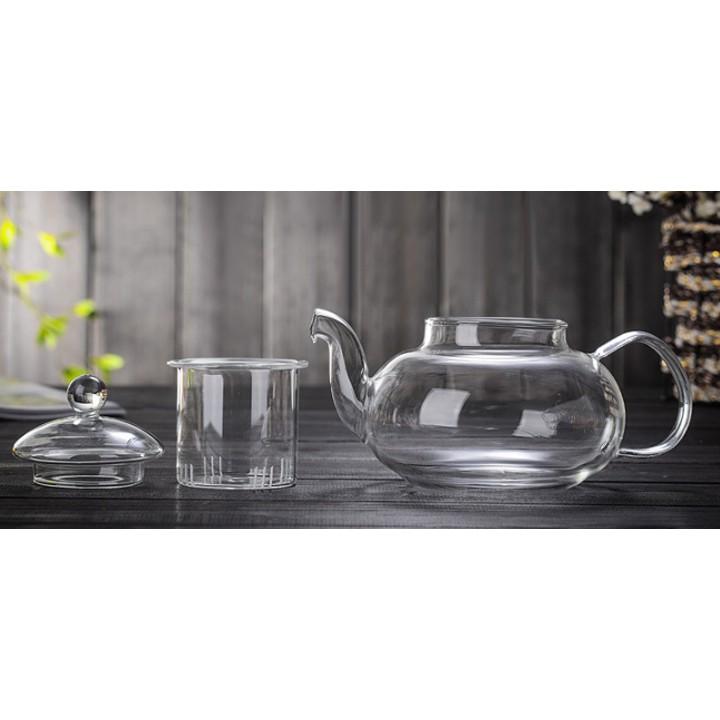 Bộ Ấm Trà thủy tinh 6 Tách Trà Thuỷ Tinh 2 lớp Cao Cấp ấm 600ml chịu nhiệt kèm đế nến tặng nến - Hàng chính hãng