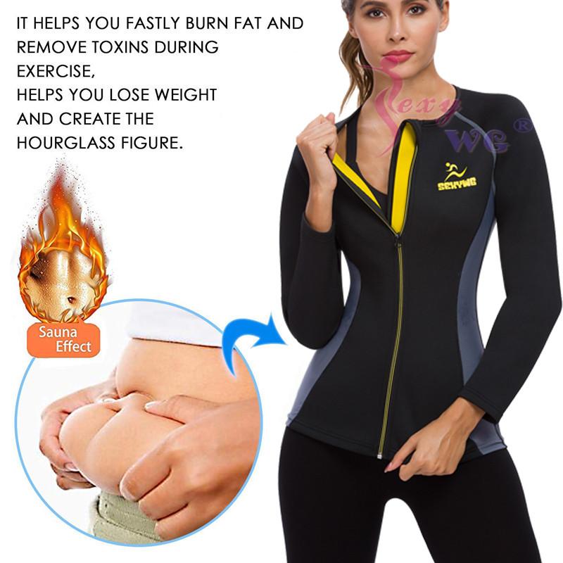 SEXYWG Giảm Béo tập Toàn Thân Thể Dục Chặt Nữ Neoprene Xông Hơi Phù Hợp Với Vòng Eo Huấn Luyện Định Thảm Yoga Dây Kéo Áo Sơ Mi Dài Tay Áo