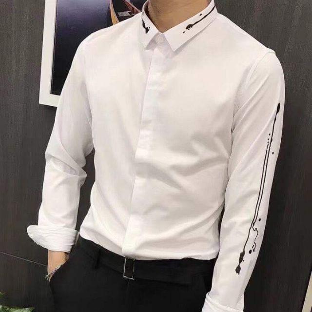 Áo sơ mi nam trắng sọc tay đen TM