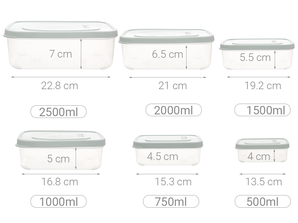 Bộ 6 hộp thực phẩm chữ nhật Hokkaido 500-750-1000-1500-2000-2500ml