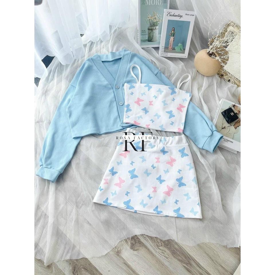 Set 3 món croptop kèm áo khoác, Set áo ống dây mix chân váy ngắn kèm áo cardigan bướm DK-0046 màu xanh