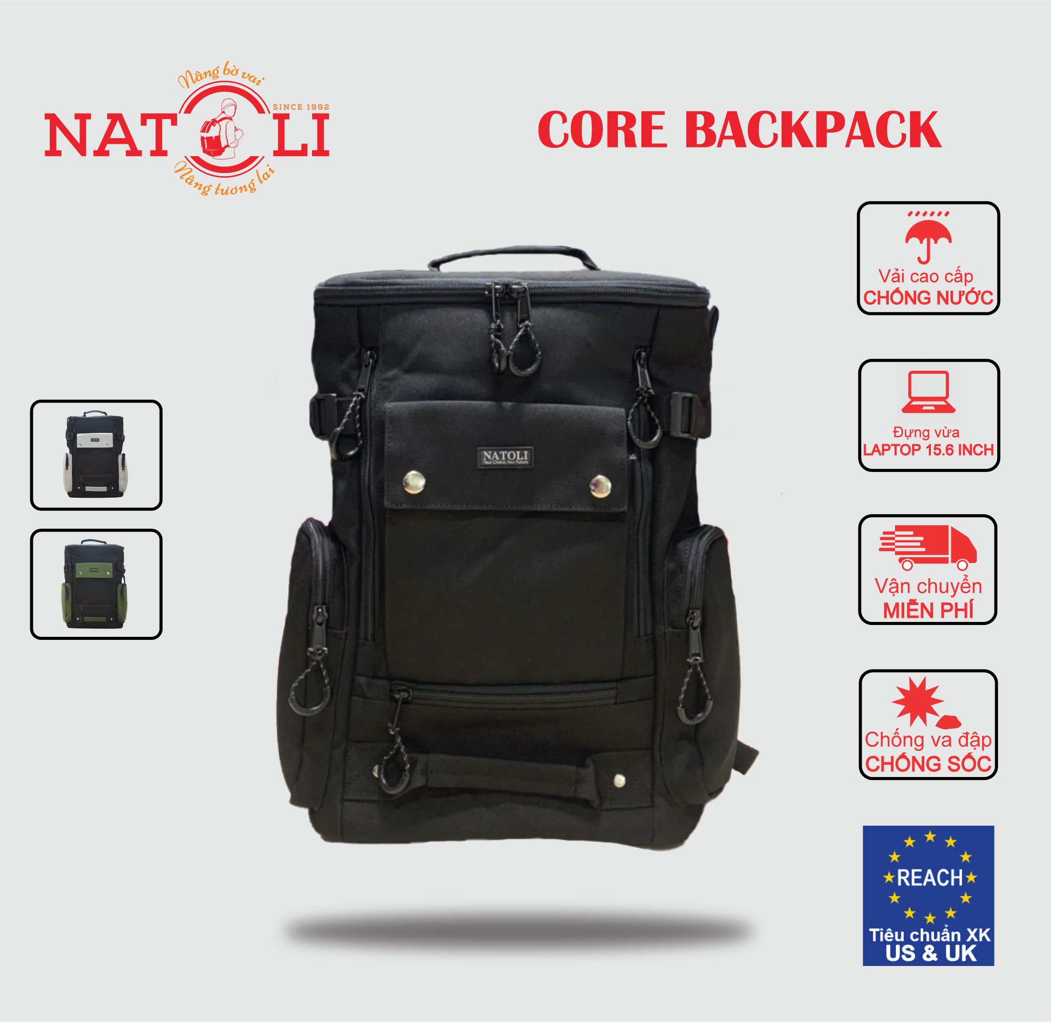 Balo sinh viên unisex CORE BACKPACK chính hãng NATOLI chất vải canvas kháng nước chống sốc nhiều ngăn thời trang cao cấp