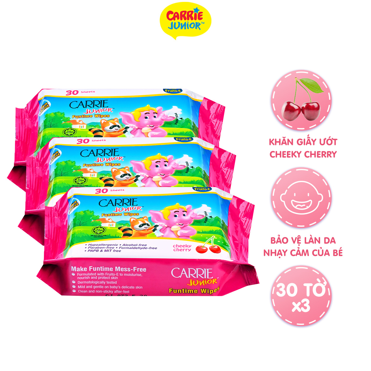 Combo 3 Gói Khăn Giấy Ướt Carrie Junior Funtime Cheeky Cherry 30 tờ/ gói