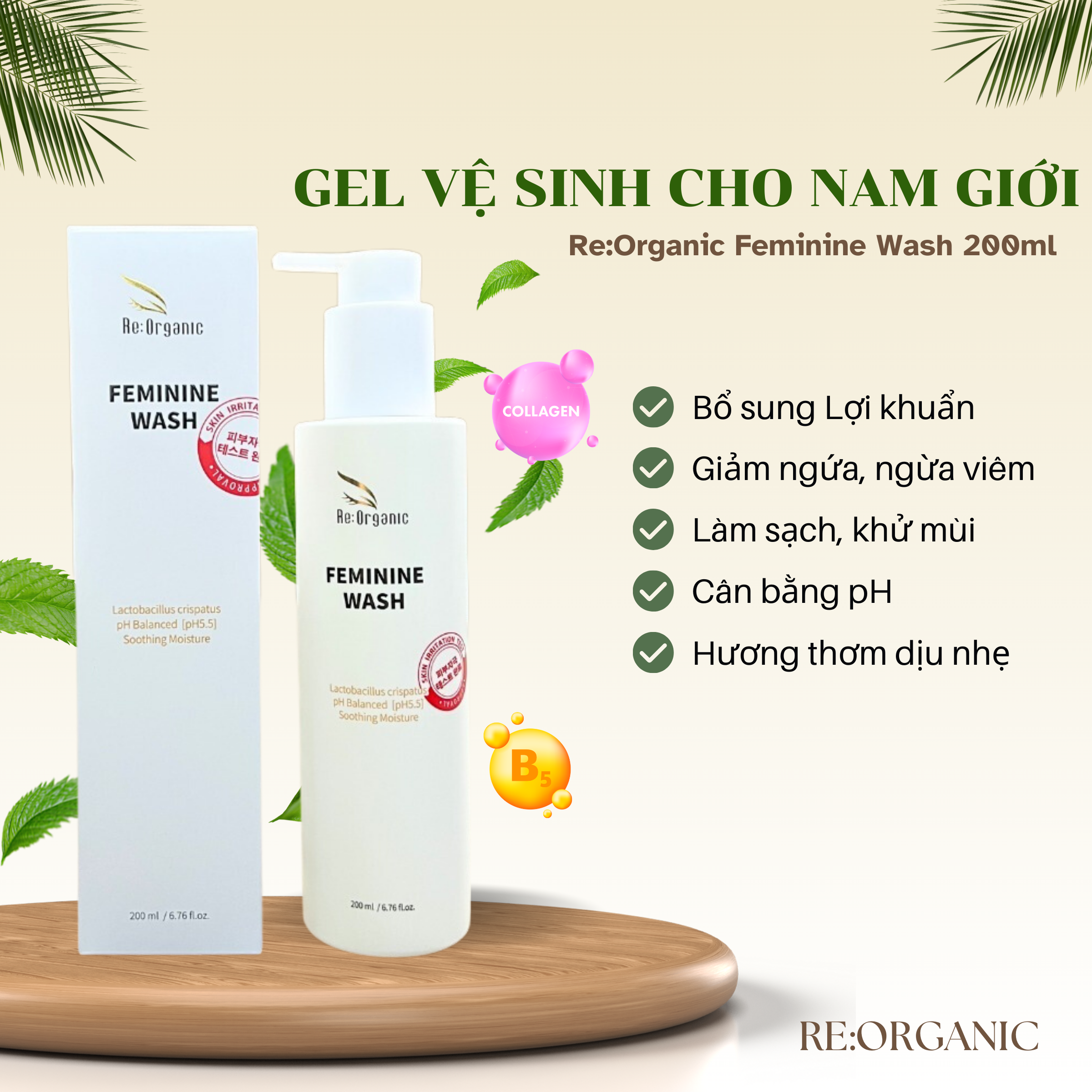 Dung dịch vệ sinh phụ khoa dành cho Nam giới Re:Organic Feminine Wash 200ml, gel vệ sinh làm sạch khử mùi và ngăn ngừa viêm nhiễm nấm ngứa