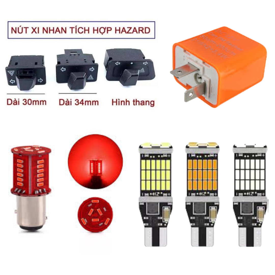 Combo: 1 công tắc tích hợp Hazard, 1 Hậu nháy Audi đỏ, 1 rơle chỉnh nháy, 4 xi nhan T15