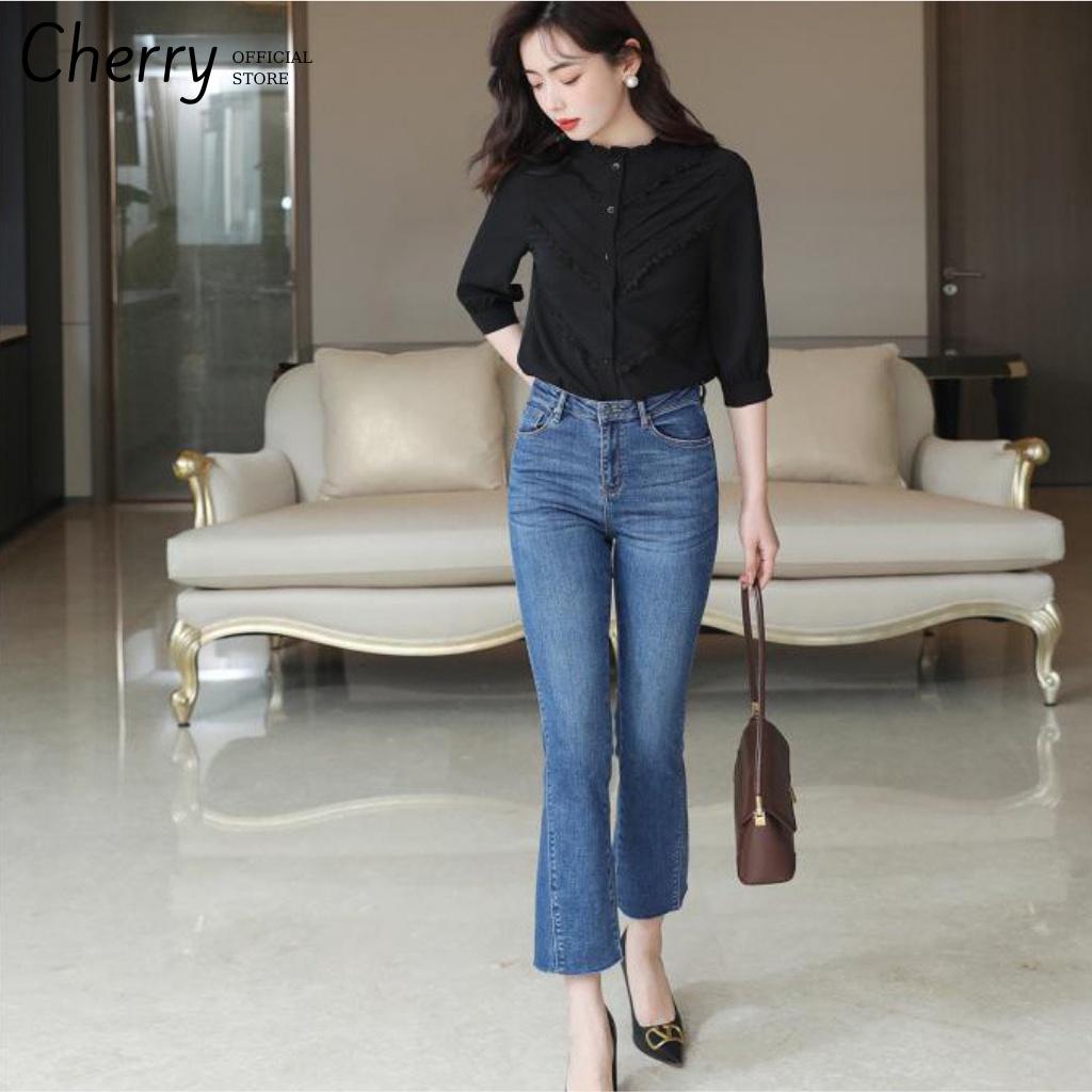 Quần jean nữ ống loe lửng lưng cao co giãn phong cách Hàn Quốc, quần bò nữ ống loe cạp cao chất xịn cao cấp CHERRY T025