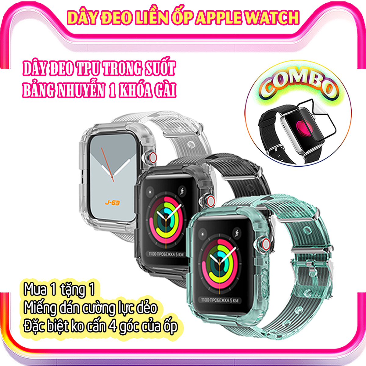 Dây Đeo liền ốp dành cho Apple Watch 7/6/5/4/3/2/1 size 38/40/41/42/44/45mm TPU trong suốt bản nhuyễn 1 khóa gài - nhiều màu (tặng cường lực dẻo theo size