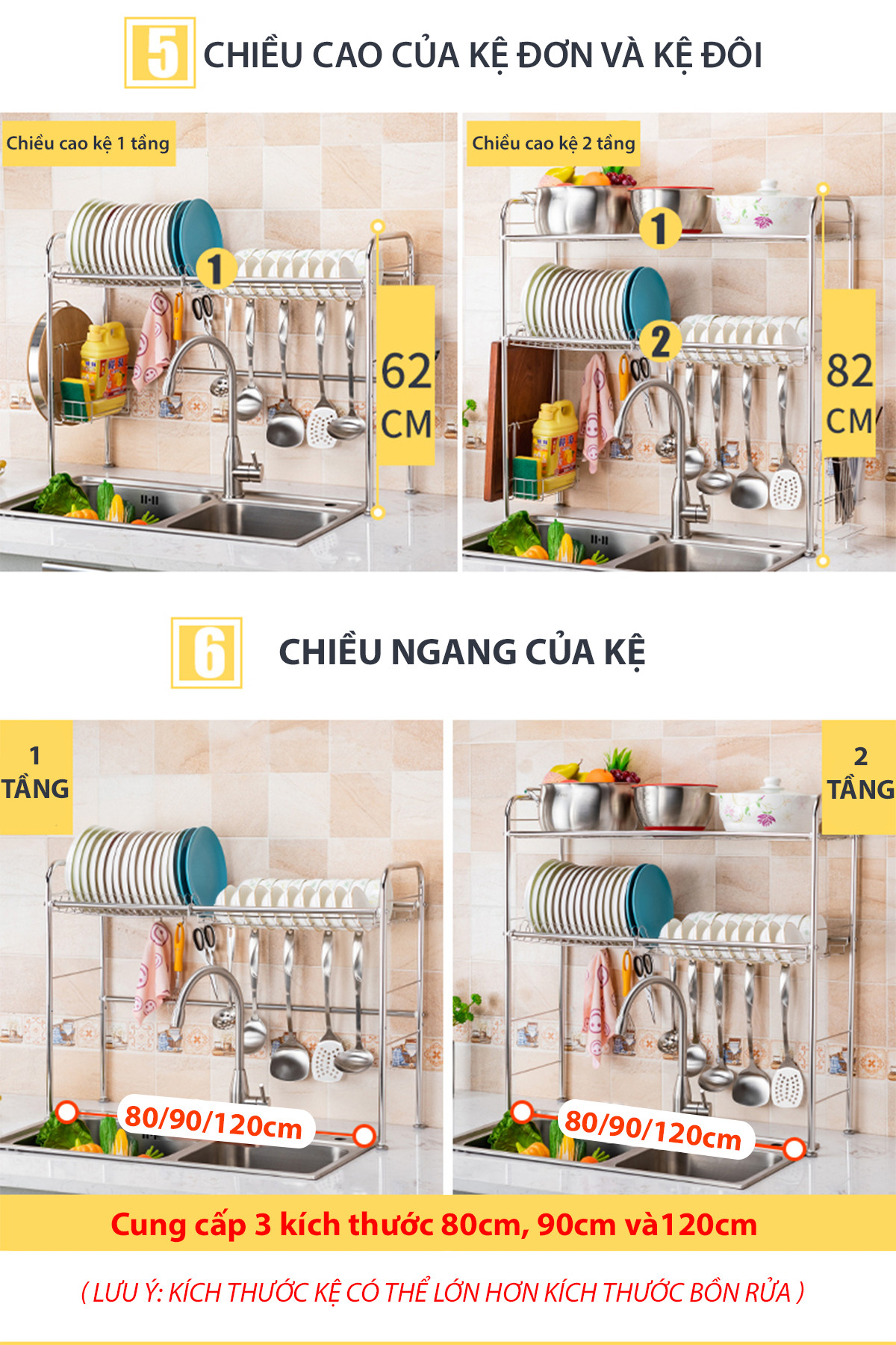 Kệ Inox Để Chén Đĩa Trên Bồn Rửa Chống Han Gỉ Róc Nước Sạch Sẽ Tiện Lợi VANDO