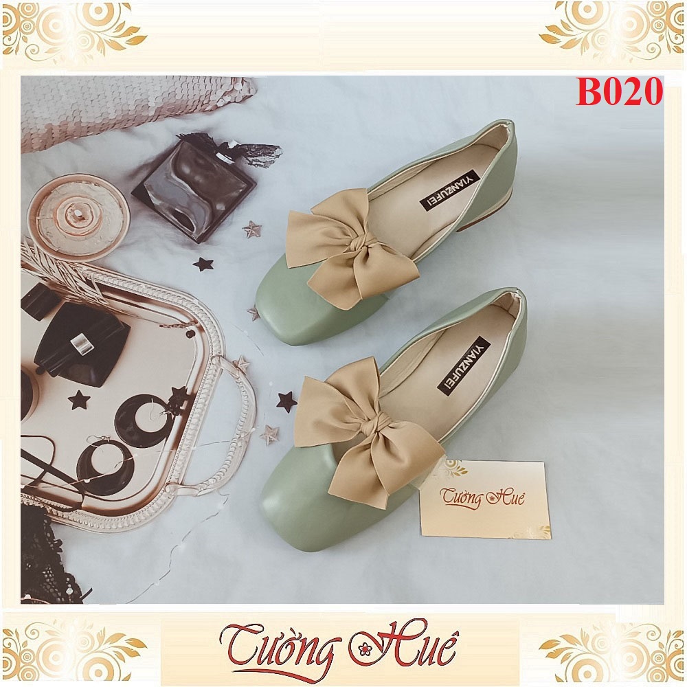 Giày Búp Bê Mũi Vuông Nữ Phối Nơ Gót Vuông Cao 2CM - Hàng Quảng Châu