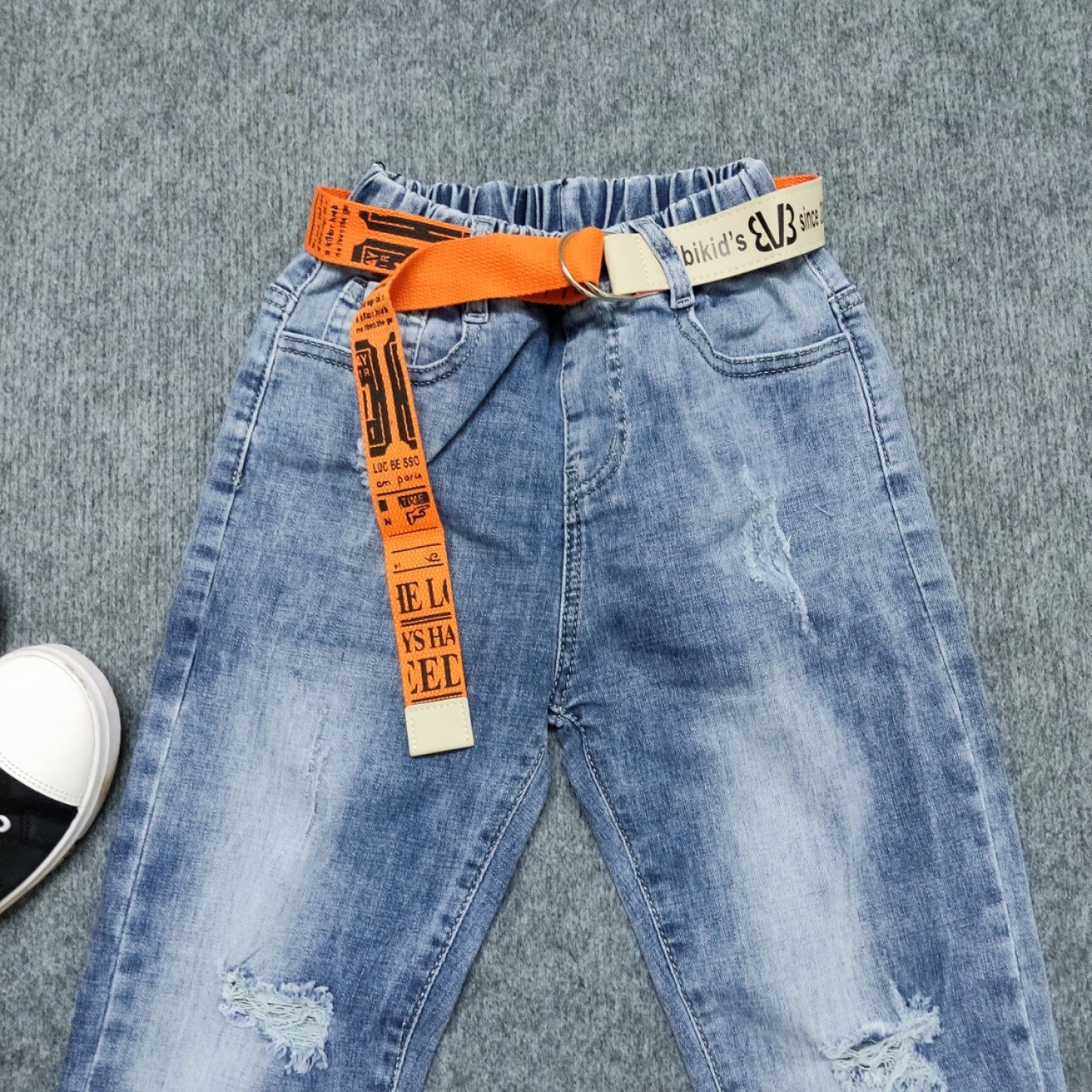 Q0112 Quần jean dài cao cấp bé trai, phom body, size đại, wax rách, chất co dãn thoải mái, kèm dây nịt