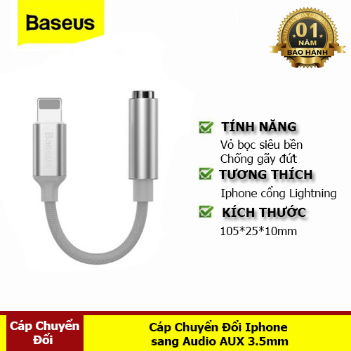 Cáp Âm Thanh Lightning To Jack AUX 3.5 mm Hàng Chính Hãng Baseus