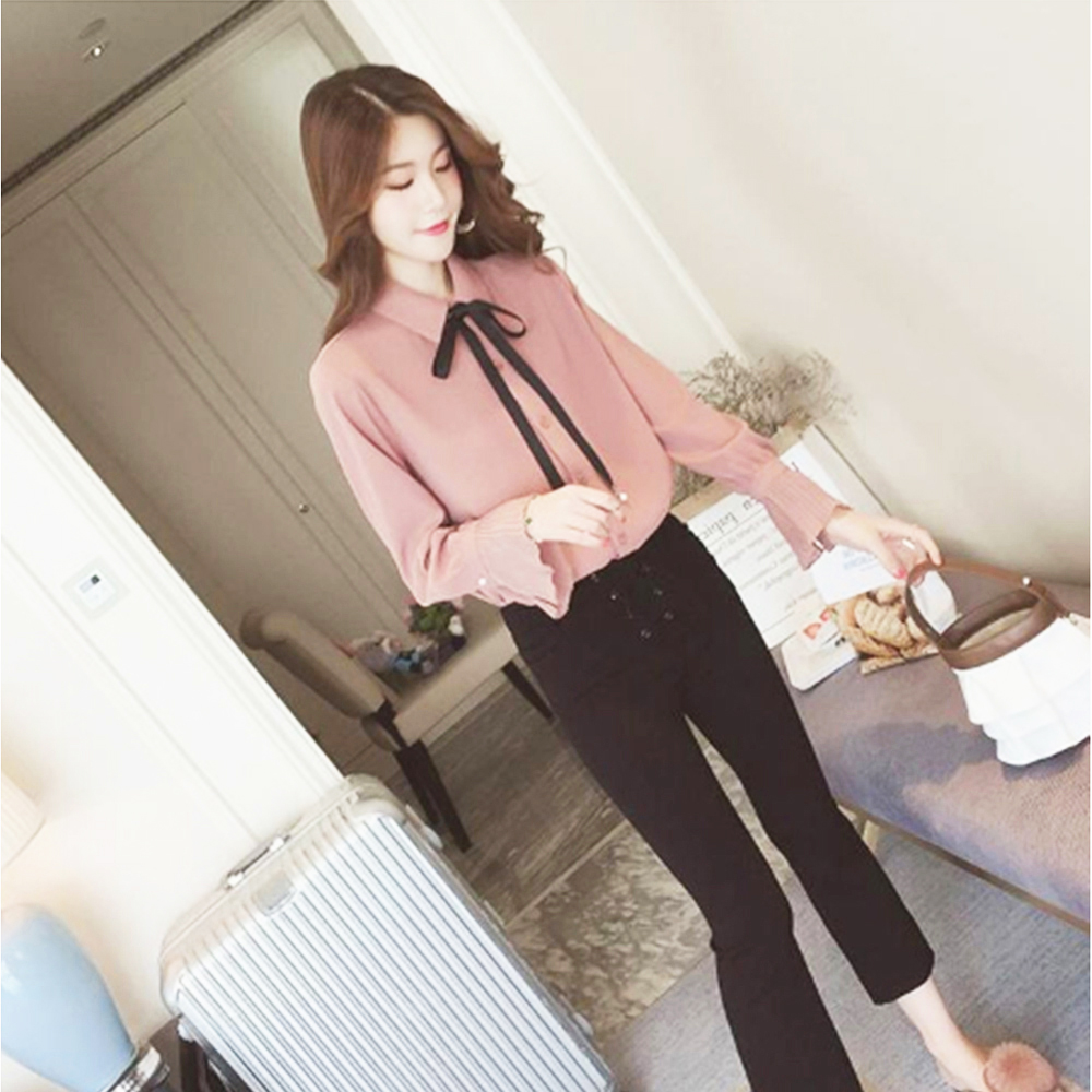Áo Sơ Mi Hồng Phối Nơ Đen Tay Dài – Size L