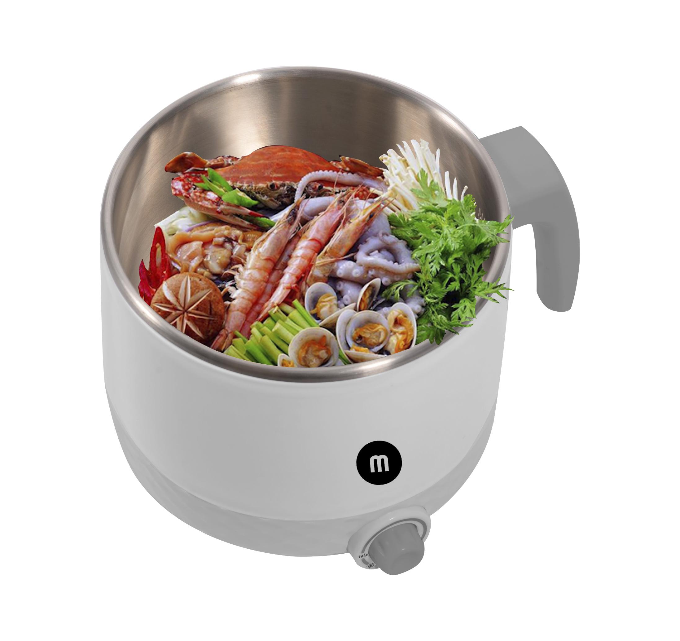 Ca nấu đa năng Mishio MK214 600W 1,5L inox 304, nấu nước, nấu mì, lẩu - Màu trắng xám - Hàng chính hãng