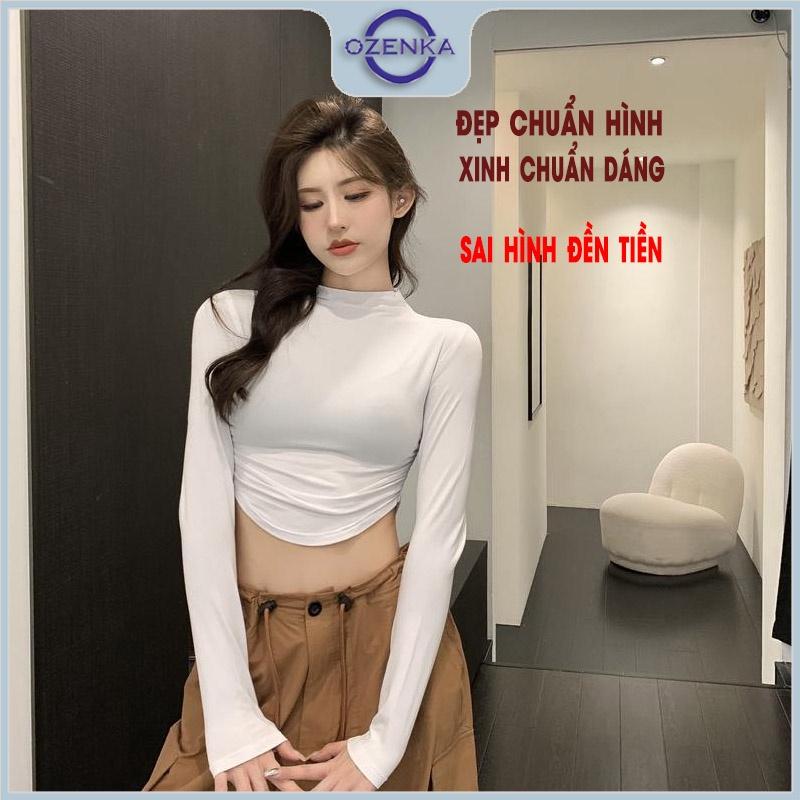 Áo croptop tay dài cổ lọ ôm nữ ozenka,áo crt kiểu cổ cao 3 phân rút eo vạt bầu tôn dáng màu đen trắng dưới 55 kg