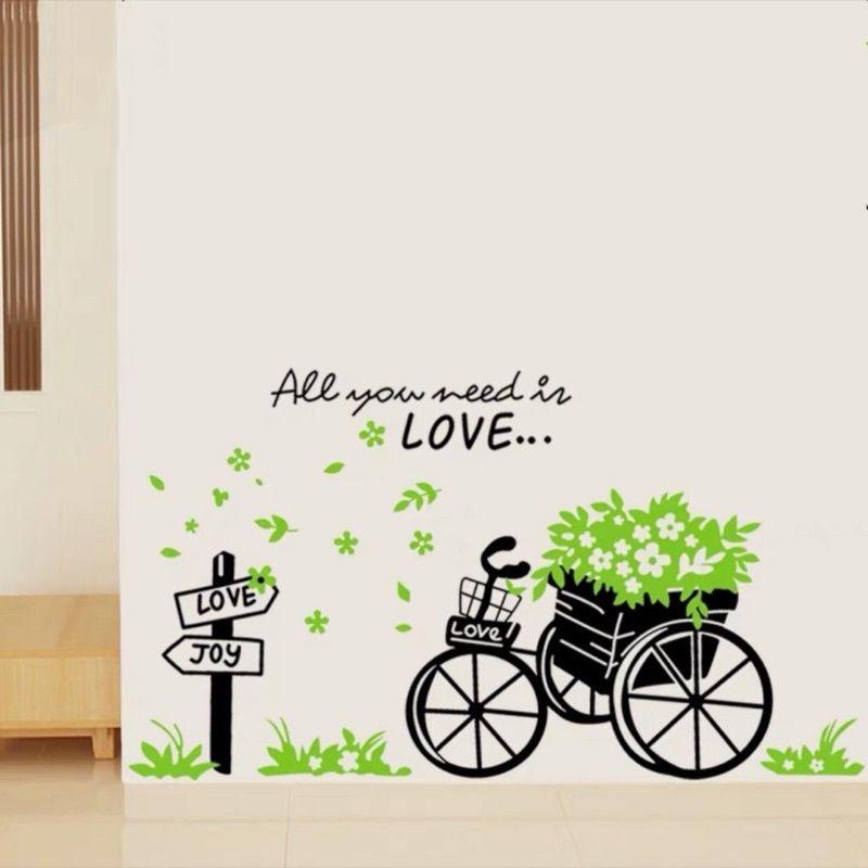 Decal dán tường xe đạp giỏ xanh_ trang trí phòng khách