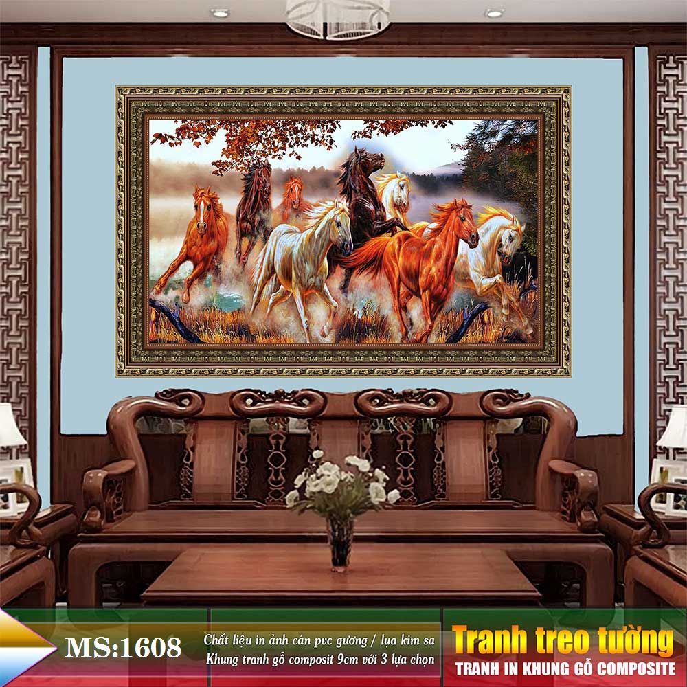 Tranh treo tường phòng khách, phòng ngủ MÃ ĐÁO THÀNH CÔNG khung gỗ composit chất liệu pvc gương / lụa kim sa. MS:1608L9