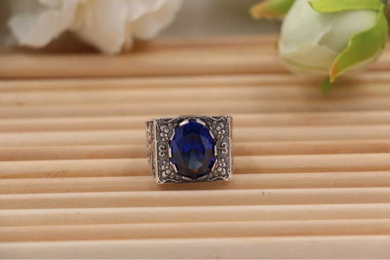 Nhẫn nam thiết kế đính đá Blue CZ - Turkish Handcrafted