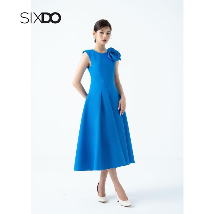 Đầm midi xòe hoa vai sang trọng thời trang SIXDO