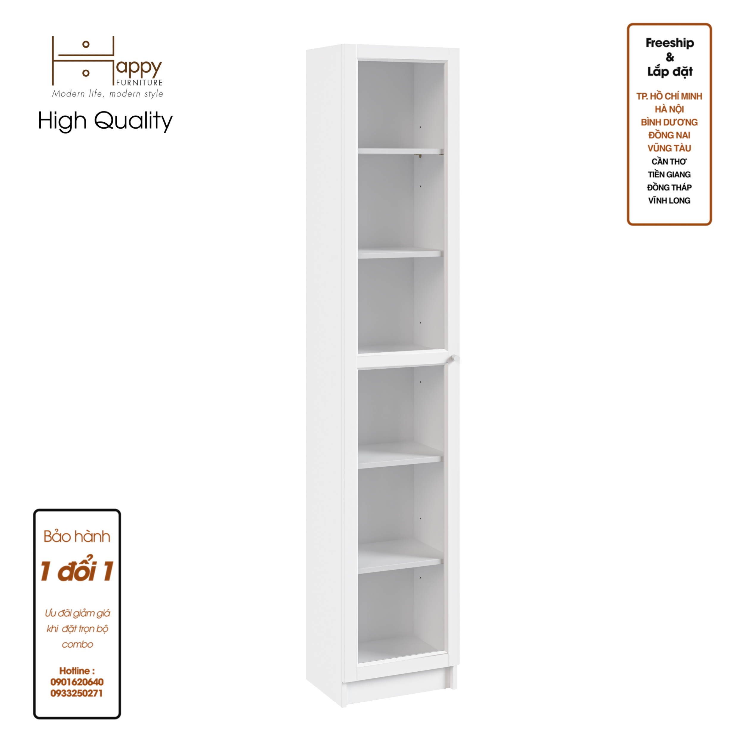 CATY, kệ sách 6 tầng cửa kính size nhỏ, 40cm x 30cm x 202cm , KSA_011