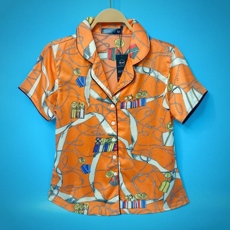 Đồ bộ Pyjama lụa, đồ mặc nhà nữ VILADY - B134 kiểu quần đùi tay cộc, họa tiết siêu dễ thương, chất liệu lụa Pháp - Màu cam
