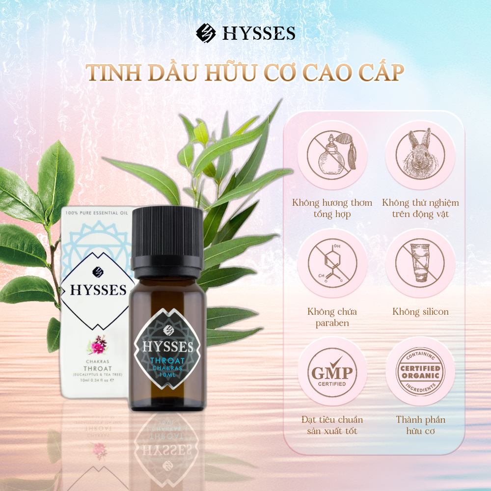 Tinh Dầu Cao Cấp Hysses Chakras Throat Tăng Năng Lượng Luân Xa Kết Nối Cho Cổ Họng Thư Giãn, Giảm Đau Vai, Cổ, Gáy Với Chiết Xuất Bạch đàn và Tràm Trà Hữu Cơ Tự Nhiên