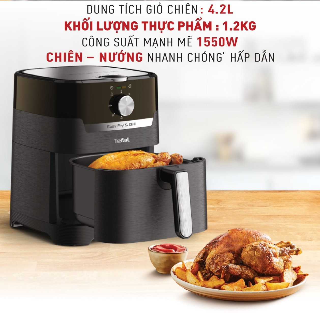 Nồi chiên, nướng không dầu cơ Tefal 2 trong 1 EY501815, Dung tích lòng nồi 4.6L / sử dụng 4.2L /1.2kg- Hàng chính hãng