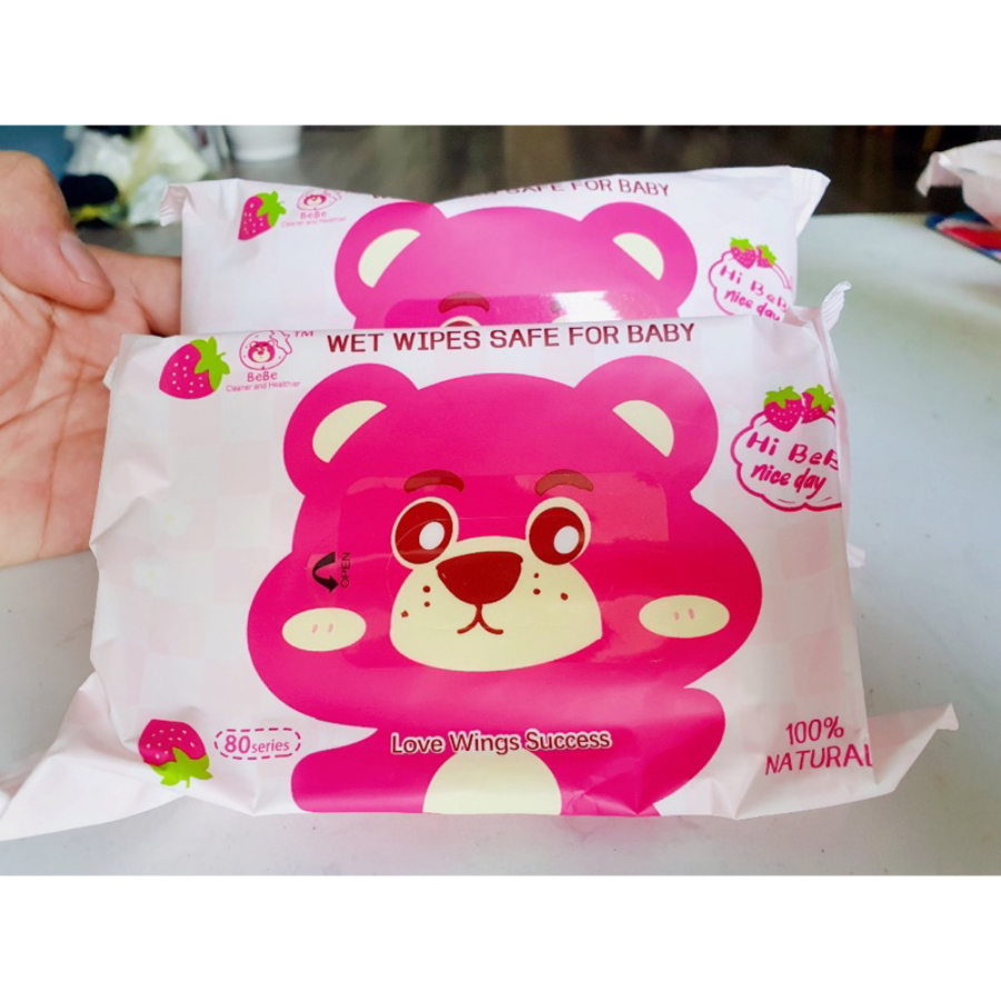 Thùng 10 gói khăn giấy ướt gấu dâu LOTSO mềm mịn, không mùi, không chất bảo quản G460-KhanuotGD-10