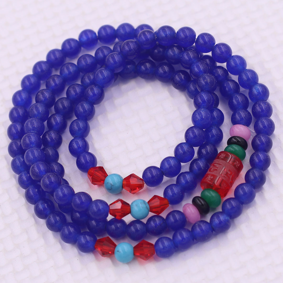 Vòng chuỗi 108 hạt đá thạch anh xanh dương charm lục tự kim ngôn - hạt 8 ly , vòng chuỗi niệm Phật, vòng chuỗi đeo tay