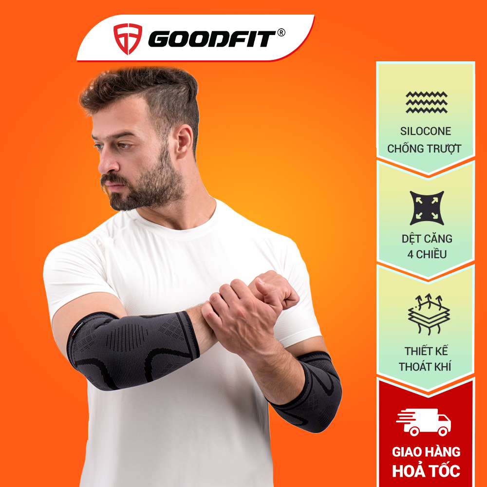 Băng khuỷu tay hỗ trợ bảo vệ khuỷu tay, củi chỏ, vải co giãn đàn hồi, lớp silicon chống trượt thấm hút mồ hôi tốt Goodfit GF402E