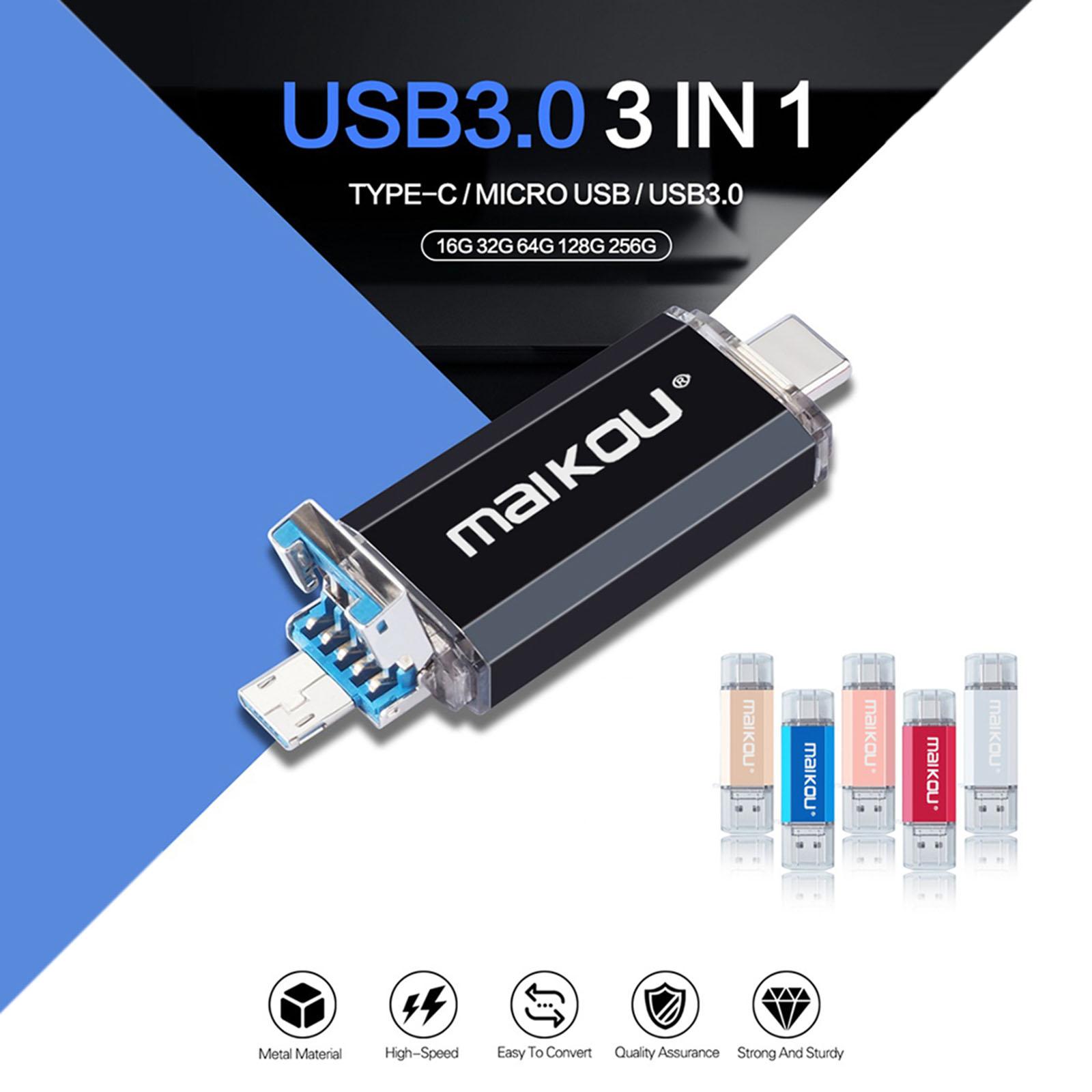 3 in 1 64G USB Flash Drive Type C Micro USB Memory Stick for Phone PC Blue