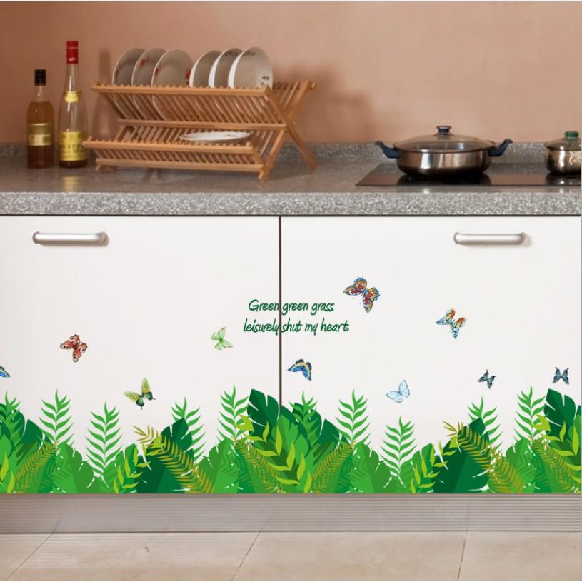 Decal trang trí chân tường - Cỏ lá bắc âu cùng bướm