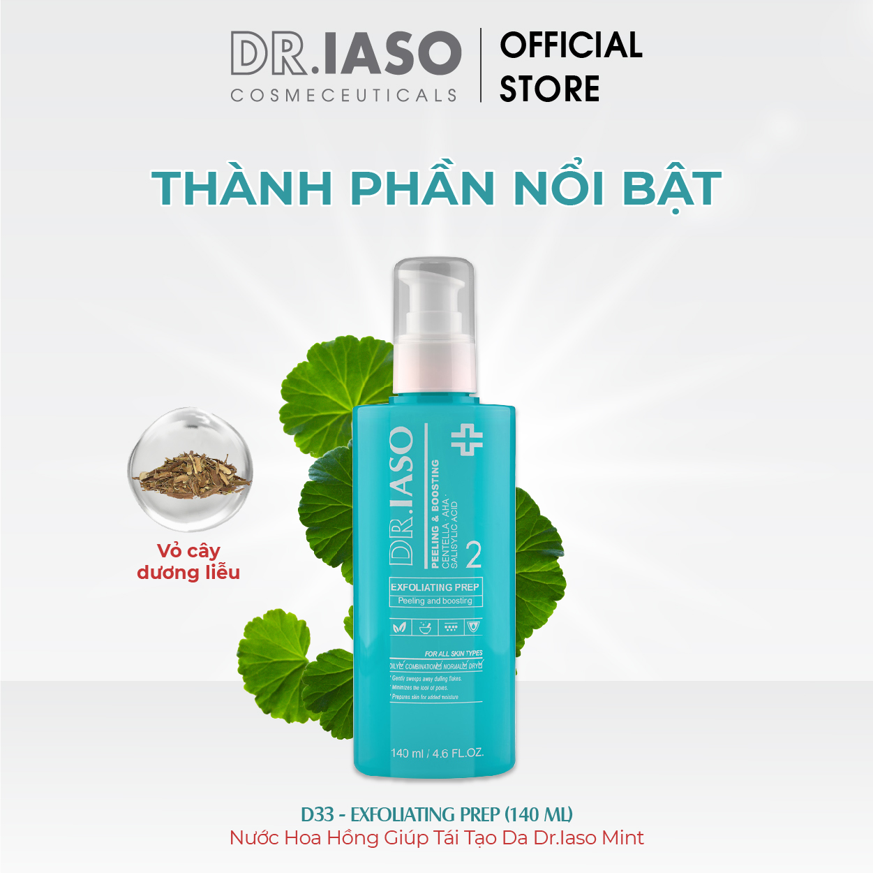 Bộ ba sản phẩm D33 - D34 - D38 Kem chống nắng SPF50+ Dr Iaso, Nước hoa hồng, Kem dưỡng ẩm phục hồi da Dr Iaso Mint