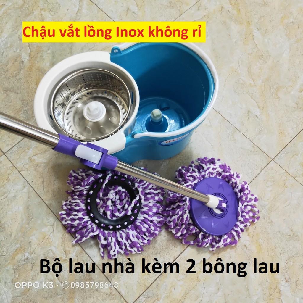 bộ chổi lau nhà xoay 360 độ lồng Inox chống rỉ kèm hai bông lau sợi tổng hợp