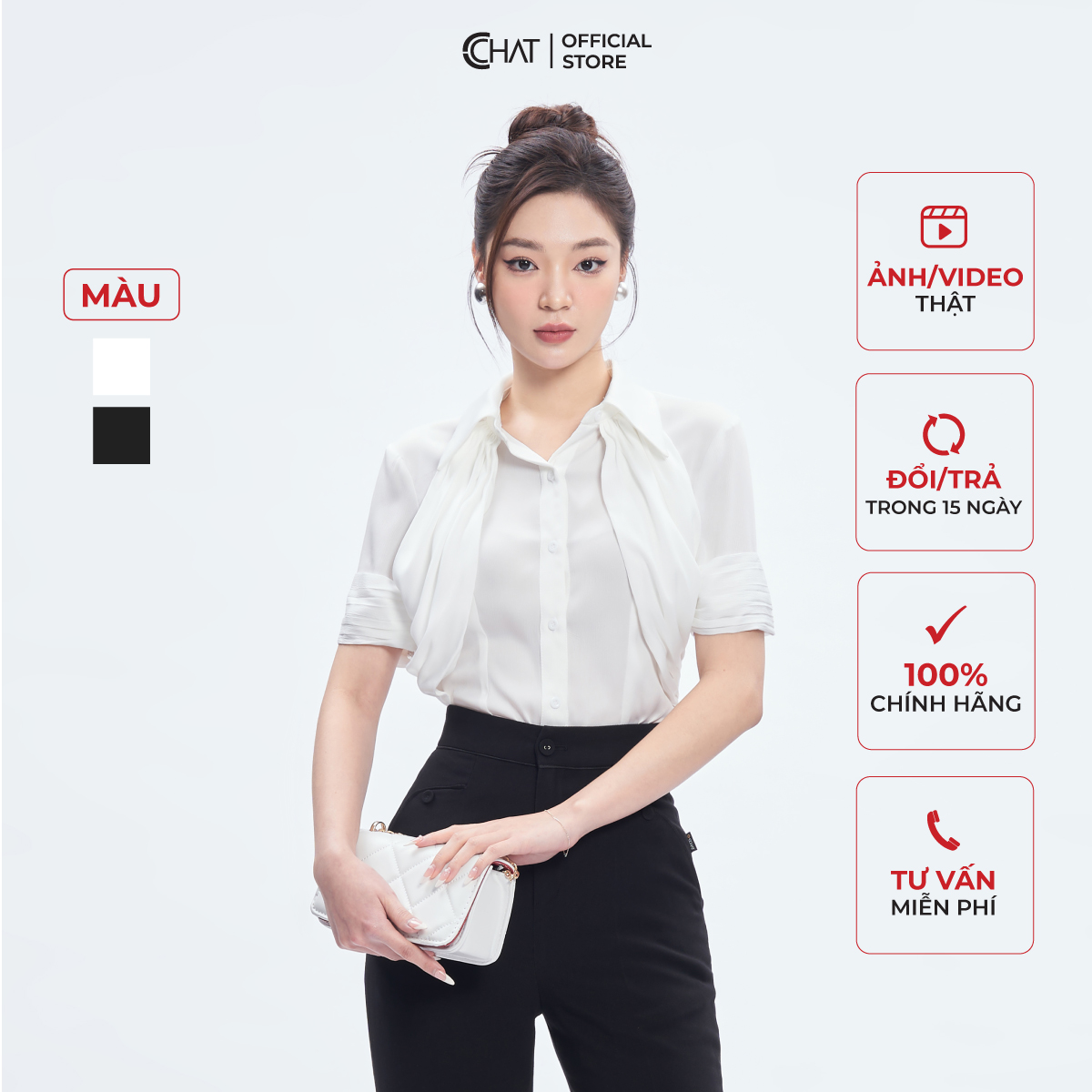Áo Sơ Mi Nữ  Nhún Trước Ngực Chất Liệu Lụa Cao Cấp 53FNL2005OT