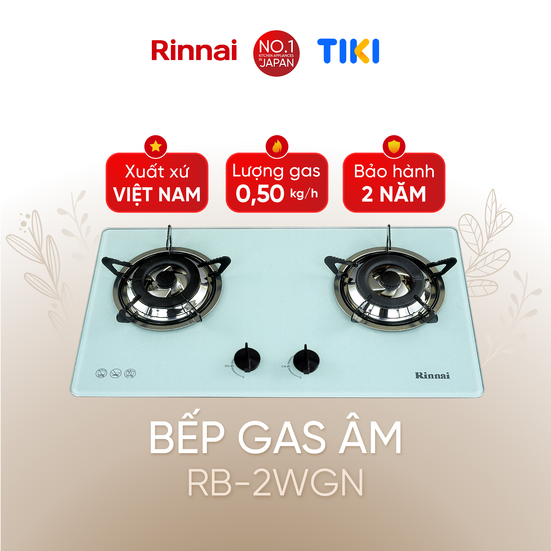Bếp gas âm Rinnai RVB-2WGN mặt bếp kính và kiềng bếp men - Hàng chính hãng.