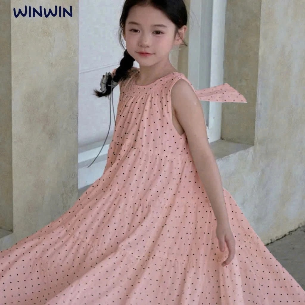 Đầm Xòe Bé Gái Dáng Babydoll Chấm Bi Nơ Vai Cực Xinh Từ 12-36kg Dành Cho Bé Gái